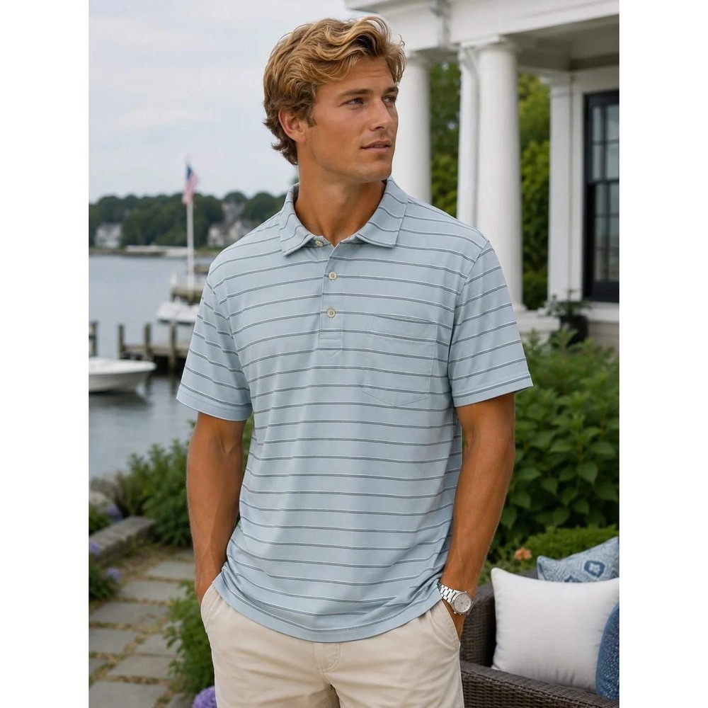 Peter Millar Light Blue Striped Golf Polo Shirt Short Sleeve Chest Pocket Mens L